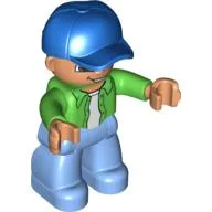 Duplo Figure with Cap Blue, with Bright Green Long Sleeve Shirt over White Shirt - Medium Blue Legs / Bright Green