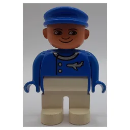 Duplo Figure, Early, with Flat Cap Blue, White Legs, Jacket with Airplane Print / Blue