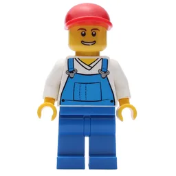 Man, Blue Overalls over White V-Neck Shirt, Red Cap, Open Mouth