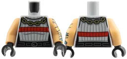 Torso Female Gold Chain Red Stripe, Dark Bluish Gray Pinstripes, Black Belt Pattern / Medium Tan Arm Left with Black Tattoo, Gold Band and Bracelets, Dark Turquoise Circles Pattern / Medium Tan Arm Right / Black Hands