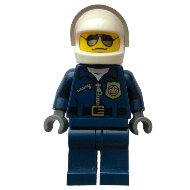 Lego Policeman, Dark Blue Jacket with Zipper, Badge, and 'POLICE' on Back, White Helmet with Visor, Sunglasses
