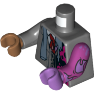 Lego Torso, Odd Arms and Hands, Suit Jacket, Red Tie, Black and Magenta Left Side Print, Left Magenta Arm with Tears and Medium Lavender Hand, Right Dark Bluish Gray Arm and Medium Nougat Hand / Dark Bluish Gray