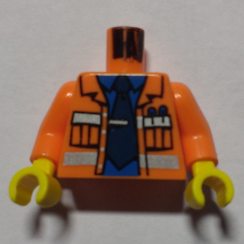 Lego Torso Construction Jacket Open, Safety Stripes, Blue Shirt, Dark Blue Tie Print, Orange Arms, Yellow Hands / Orange