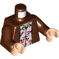 Lego Torso Jacket, Open over White Shirt with Red Scorpions Print, Reddish Brown Arms, Light Nougat Hands / Reddish Brown