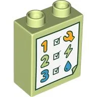 Duplo Brick 1 x 2 x 2 with Check List, 1, 2, 3, Wrench, Lightning Bolt, Droplet Print / Yellowish Green