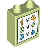 Lego Duplo Brick 1 x 2 x 2 with Check List, 1, 2, 3, Wrench, Lightning Bolt, Droplet print / Yellowish Green