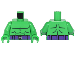 Lego Torso Bare Chest with Dark Green Muscles Outline, Dark Purple Belt with Silver Capital Letter H Buckle Pattern / Bright Green Arms / Bright Green Hands