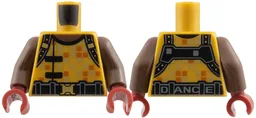 Torso Umber Neck, Black Suspenders and Belt, Gold and Dark Orange Squares, Dark Bluish Gray 'DANCE' on Back Pattern / Umber Arms / Dark Red Hands / Pearl Gold