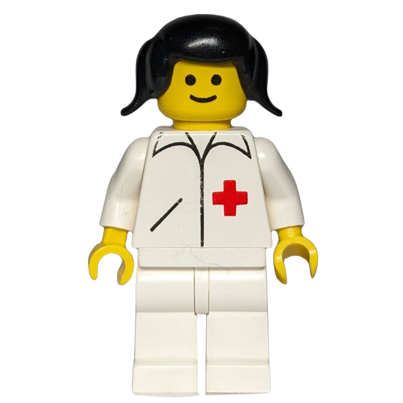 Lego Doctor, Woman, White Jacket with Red Cross, White Legs, Black Pigtails