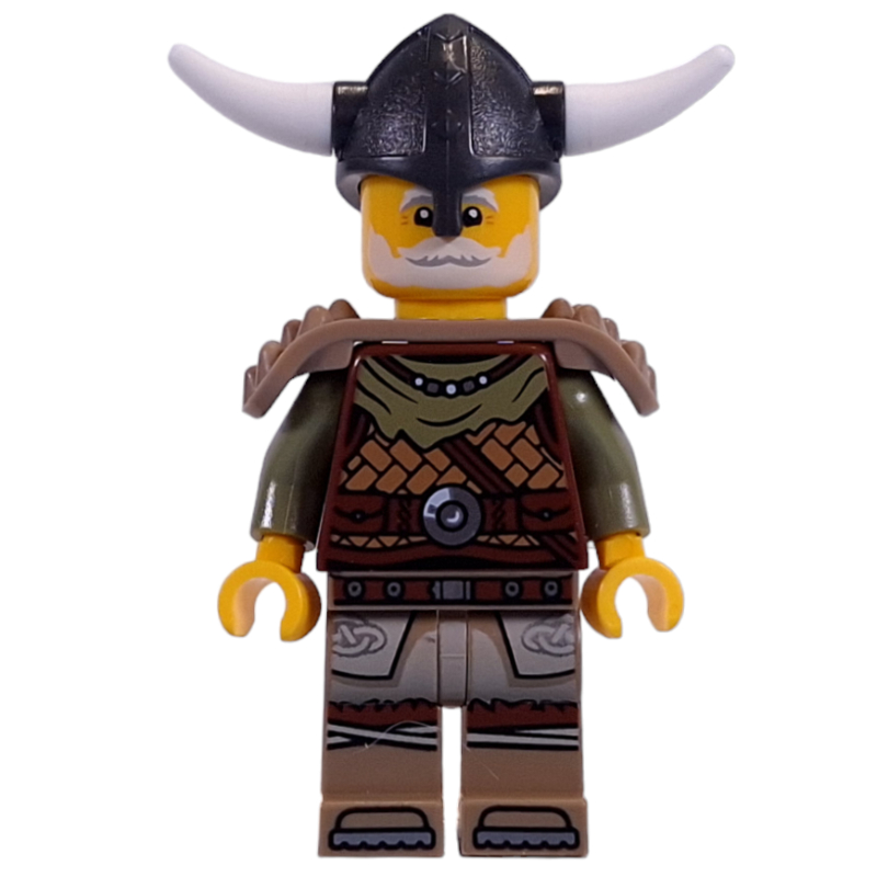 Lego Viking, Reddish Brown Shirt, Shoulder Guards, Helmet with Horns, White Beard