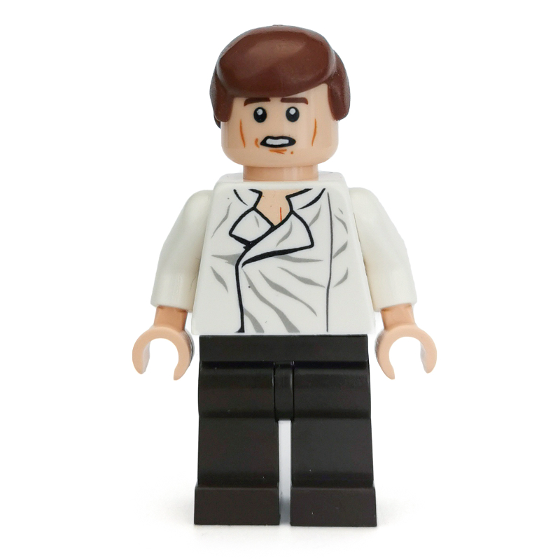 Lego Han Solo, White Shirt, Dark Brown Legs, Dual Sided Head Open Mouth / Closed Eyes, Smooth Hair