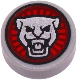 Tile, Round 1 x 1 with Silver and Black Jaguar Face Emblem, Dark Red and Red Sunburst Background Pattern