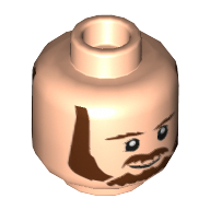Lego Minifig Head Qui-Gon Jinn, Dual Sided, Beard, Brown Eyebrows, Moustache, White Pupils, Smile / Frown Print [Hollow Stud] / Light Nougat