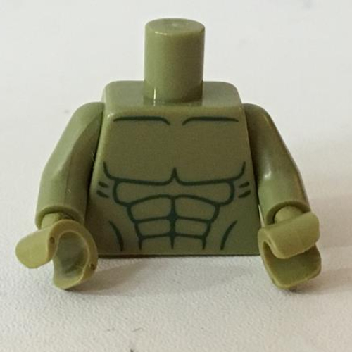 Lego Torso Bare Chest with Dark Green Muscles Outline Print (Hulk), Olive Green Arms and Hands / Olive Green