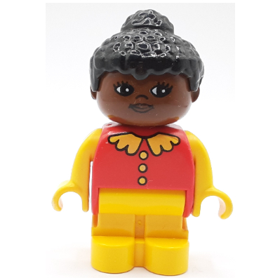 Lego Duplo Figure, Early with Joined Legs Yellow, Yellow Collar, Buttons, Arms and Hands, Black Hair / Red