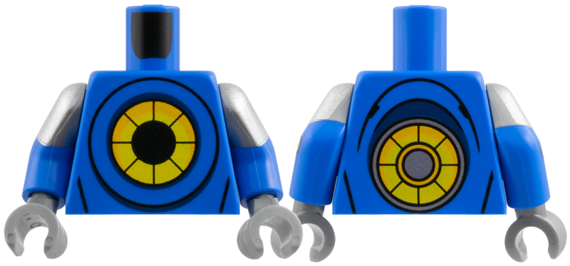 Lego Torso with Black, Bright Light Orange and Yellow Segmented Circle Pattern / Blue Arms with Molded Flat Silver Short Sleeves and Printed Black and Silver Rivets Pattern / Flat Silver Hands