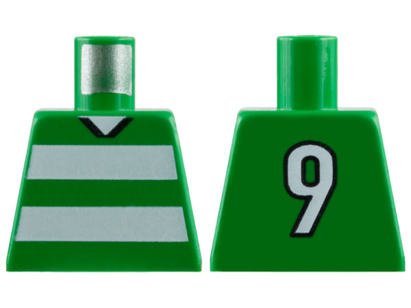 Lego Torso Soccer Uniform Shirt with White Horizontal Stripes, Neck, and Number  9 on Back Pattern