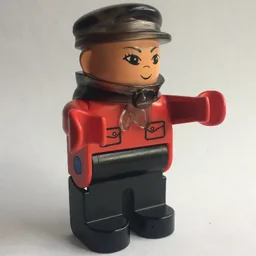 Duplo Figure, Early, with Flat Cap Trans-Brown, Black Legs, Bandana, Pockets Print (Intelli-Train Driver) / Red