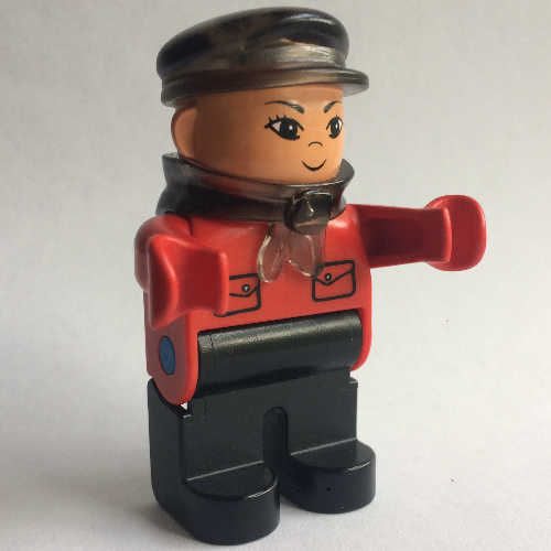 Lego Duplo Figure, Early, with Flat Cap Trans-Brown, Black Legs, Bandana, Pockets Print (Intelli-Train Driver) / Red