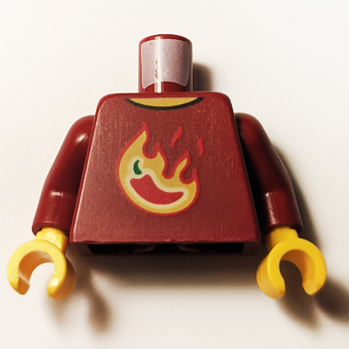 Lego Torso, Flaming Red Pepper/Chili print, Dark Red Arms, Yellow Hands / Dark Red