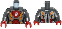 Torso Nexo Knights Female Armor with Orange and Gold Circuitry and White Dragon Head on Red Pentagonal Shield Pattern / Flat Silver Arms / Red Hands