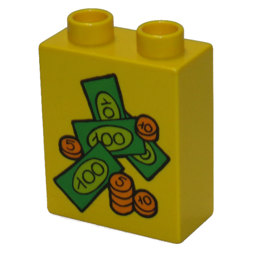 Lego Duplo Brick 1 x 2 x 2 with Bills and Coins Print / Yellow