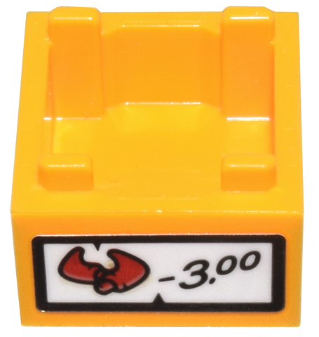 Lego Container, Box 2 x 2 x 1 - Top Opening with Flat Inner Bottom with Red Demon Bull Horns, '3.00' and Black Border Pattern (Sticker) - Set 80036