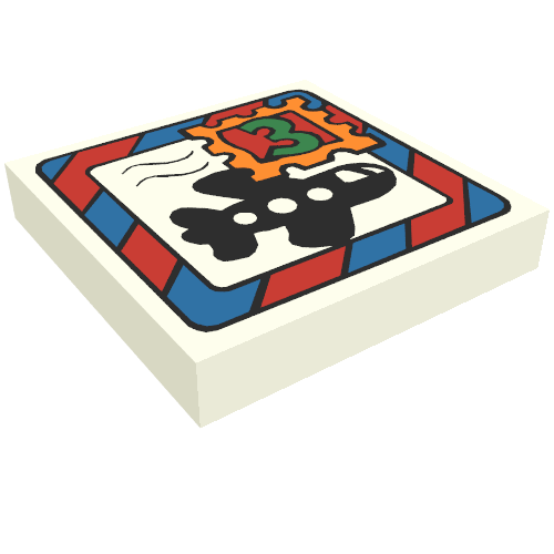 Lego Tile 2 x 2 with Fabuland Mail Envelope, Airplane and '3' Stamp Print / White