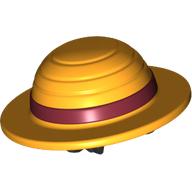 Lego Hair and Hat, Straw Hat with Black Hair, Dark Red Band Pattern / Bright Light Orange