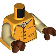 Lego Torso, Jacket, Pockets, Buttons, Tan Shirt print, Tan Arms, Reddish Brown Hands / Bright Light Orange