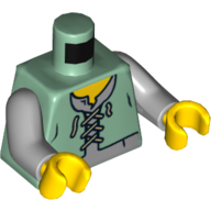 Lego Torso Peasant Vest over Light Bluish Gray Shirt Print, Light Bluish Gray Arms, Yellow Hands / Sand Green