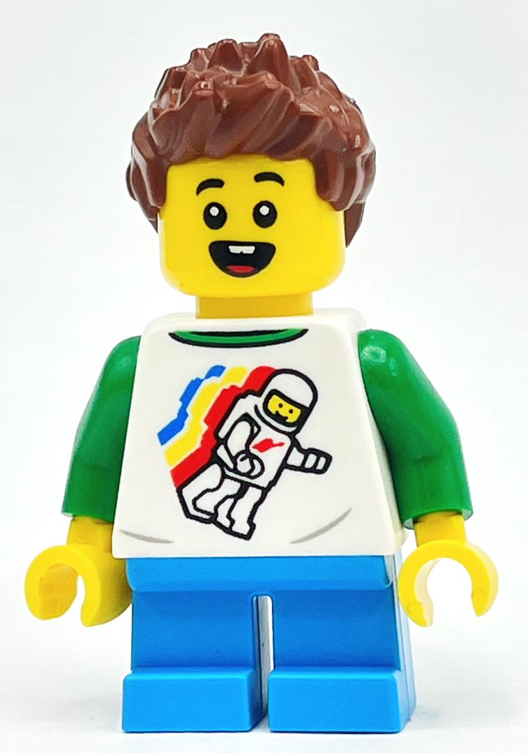 Lego Kid - White Tors, Dark Azure Legs, Reddish Brown Hair
