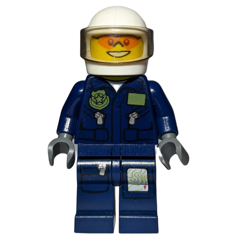 Lego Policeman, Dark Blue Jacket with Pockets and Badge, White Helmet with Visor, Orange Sunglasses