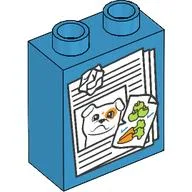 Duplo Brick 1 x 2 x 2 with Papers, Dog, Vegetables Print / Dark Azure