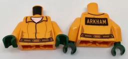Torso Female Prisoner Jumpsuit over White Shirt, Dark Orange Belt, Black Rectangle with 'ARKHAM' on Back Pattern / Orange Arms / Dark Green Hands