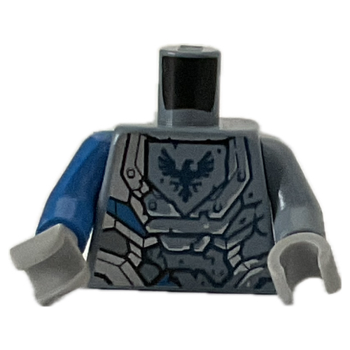 Lego Torso, Odd Arms, Armor with Dark Blue Falcon on Shield Print, Left Sand Blue Arm, Right Blue Arm, Light Bluish Gray Hands / Sand Blue