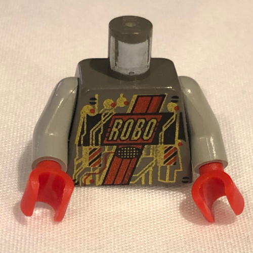 Lego Torso Gold Circuitry and 'ROBO' Print (Roboforce), Light Gray Arms, Red Hands / Dark Gray