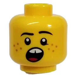 Minifig Head Newspaper Kid, Freckles, Open Mouth Screaming, Teeth Print / Yellow