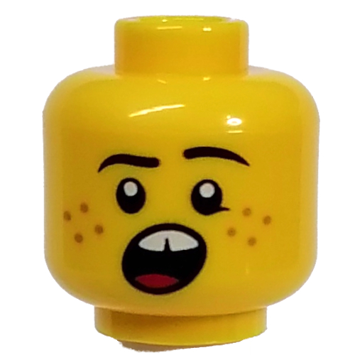 Lego Minifig Head Newspaper Kid, Freckles, Open Mouth Screaming, Teeth print / Yellow
