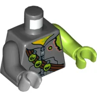 Torso, Odd Arms and Hands, Hoodie with Zipper, Torn Shoulder, Bandolier with 3 Toxic Bulbs Print, Left Lime Arm and Hand, Right Dark Bluish Gray Arm and Light Bluish Gray Hand / Dark Bluish Gray
