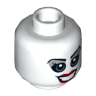 Lego Minifig Head Harley Quinn, Light Bluish Gray Eyes and Eye Shadow, Red Lips, Open Smile / Angry Print / White