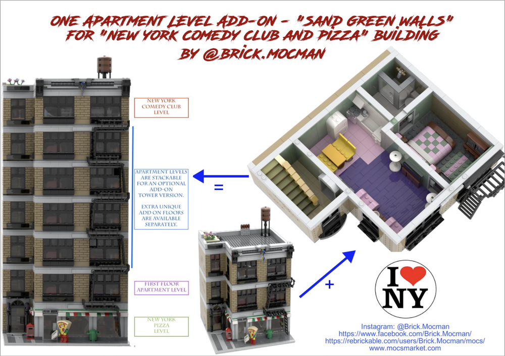 Lego Apartment Add-on - Sand Green (Expansion NY Pizza and Jerry's Comedy Club Modular Building)