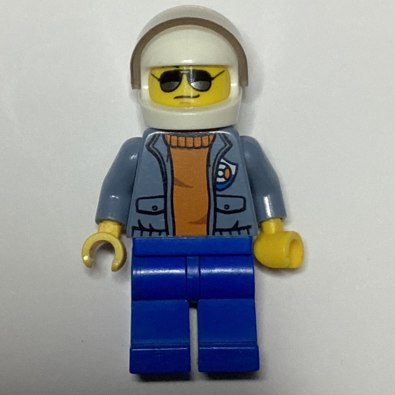 Lego Coast Guard, Open Sand Blue Jacket with Badge over Orange Sweater, White Helmet with Visor, Sunglasses