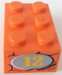 Brick 2 x 3 with Yellow '12' in Light Bluish Gray Oval on Snakeskin Background Pattern on End Model Left Side (Sticker) - Set 8158