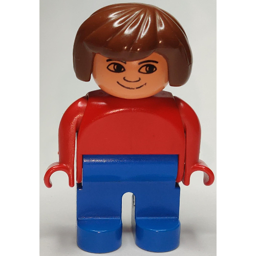 Lego Duplo Figure, Early, Hair Bob Brown, Blue Legs, No White in Eyes Print / Red