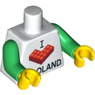 Lego Torso I 'L Brick' LEGOLAND Print, Green Arms, Yellow Hands / White