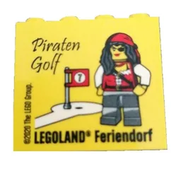 Brick 2 x 4 x 3 with 'LEGOLAND Feriendorf Piraten Golf' Print / Yellow
