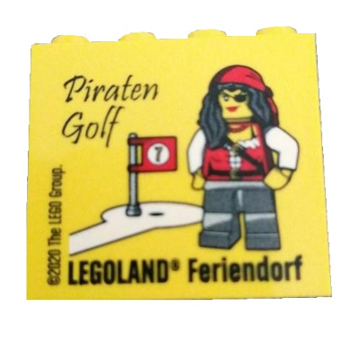 Lego Brick 2 x 4 x 3 with 'LEGOLAND Feriendorf Piraten Golf' Print / Yellow