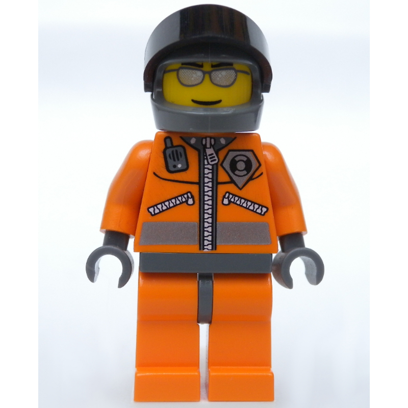 Lego Coast Guard, Orange Jumpsuit with Zipper, Radio, and Badge, Dark Gray Hands, Dark Bluish Gray Helmet with Visor, Silver Sunglasses