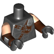 Lego Torso, Dual Molded Arms, Muscles, Straps, Holster Print, Light Nougat Sleeves Pattern, Reddish Brown Arms with Metal Plate Print, Black Hands / Black